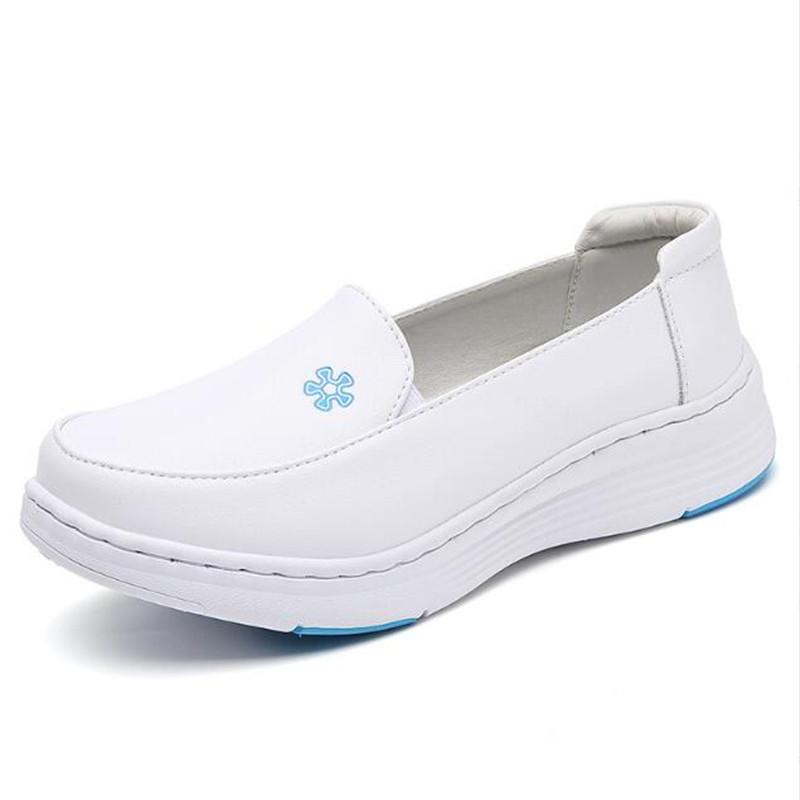 Fashion New Women Flat Genuine Leather Nurse Shoes Casual White Wedge Soft Bottom Slip On Moccasins Comfortable Hollow Out Work Shoes