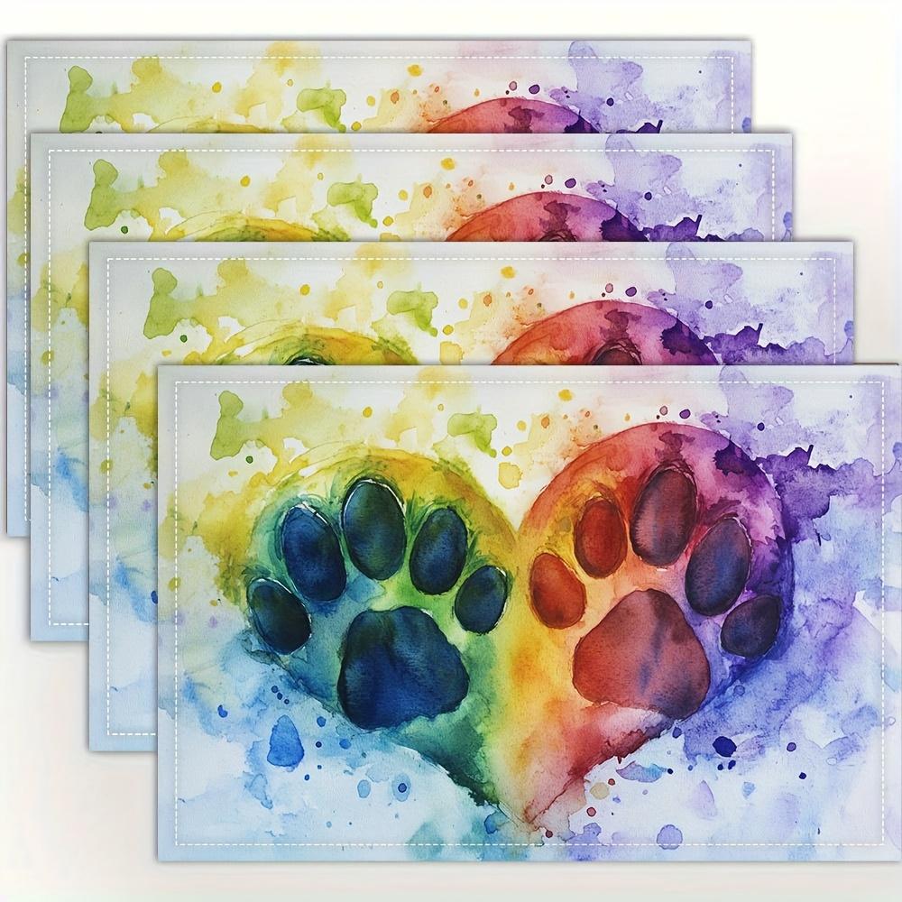 

Watercolor Paw Print Placemat Set Of 1 Linen Fabric Rainbow Colors Pet Lover Table Mat KitchenDecor ModernHomeDining Accessories 4Pcs-30X45cm(12X18in
