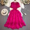 Gentle wind fairy long dress celebrity temperament Miyake pleated round neck waist thin a word ruffle edge dress summer