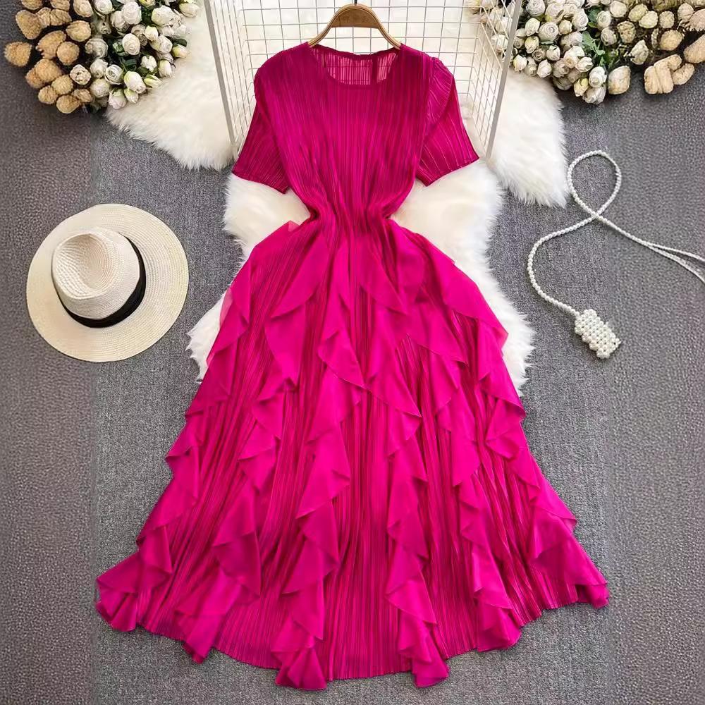 Gentle wind fairy long dress celebrity temperament Miyake pleated round neck waist thin a word ruffle edge dress summer