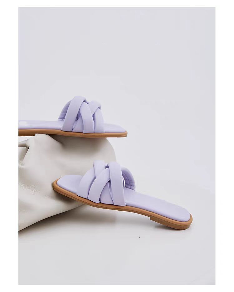 

2025 лето горячие продажи новые пляжные квадратный носок плоская подошва низкий каблук женские сандалии шлепанцы 41 лавандовый