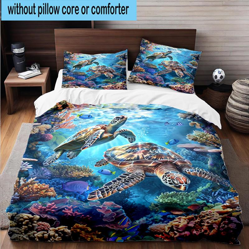 Cartoon Sea Turtle Artwork 3pcs Bedding,Including 1pc Duvet Cover And 2pcs Pillowcases Perfect for Christmas,Ideal for Bedroom, Dormitory