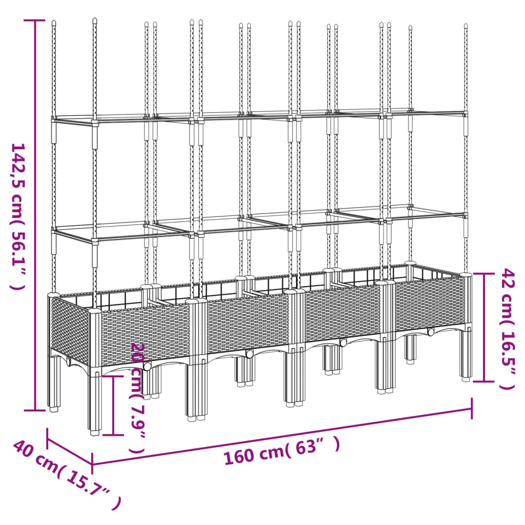Planter with Trellis Light Grey 160 x 40 x 142.5 cm PP