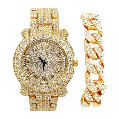 Out Round Luxury Watch Out Cuban Bracelet L0504B Bling-ed Men's W/Bling-ed - - Gold/Gold