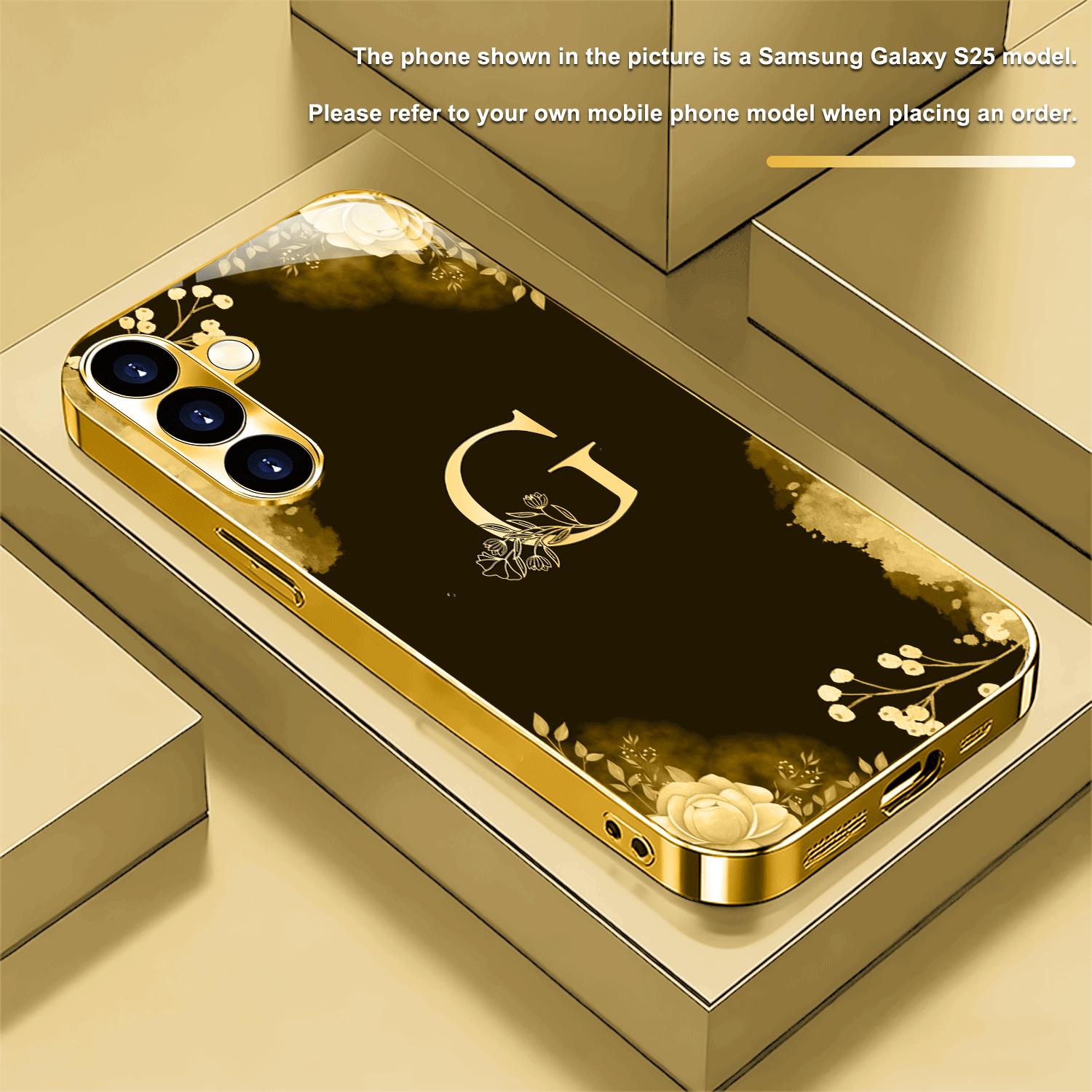 

Позолоченный чехол из закаленного стекла для телефона Samsung Galaxy S26, S25, S24, S23 и S22 Ultra Plus. Черно-золотая цветочная надпись For Galaxy S26