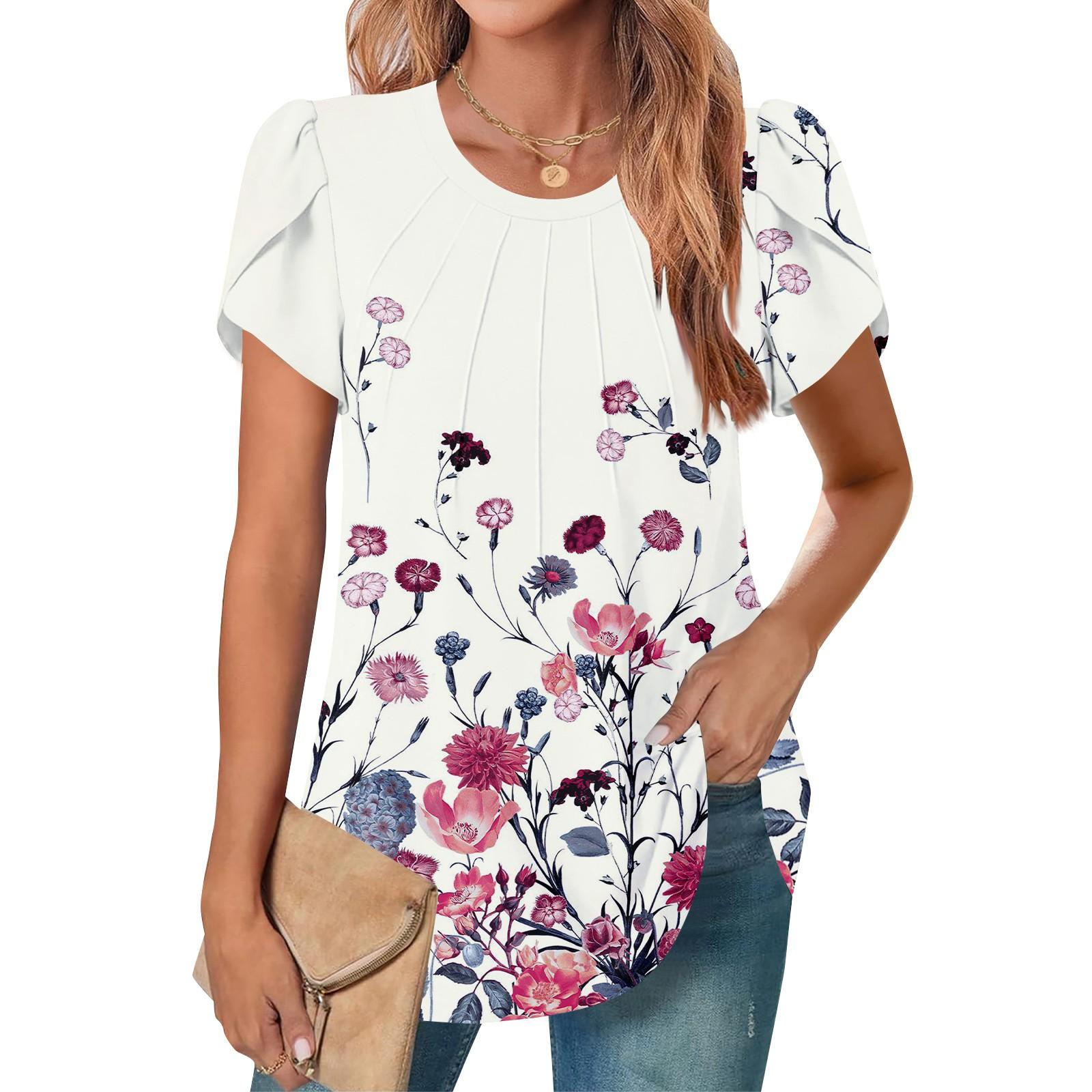 

Женский повседневный топ с круглым вырезом и коротким рукавом, с плиссировкой и расклешенными рукавами, с цветочным принтом XL белый