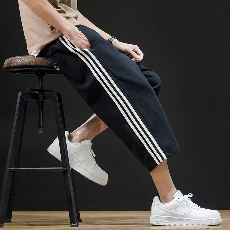 

Japanese-style Capri Pants for Men, Loose and Plus-size Casual Pants, Fashionable and Trendy Men, Hong Kong-style Striped Straight-leg Pants 5XL чорний