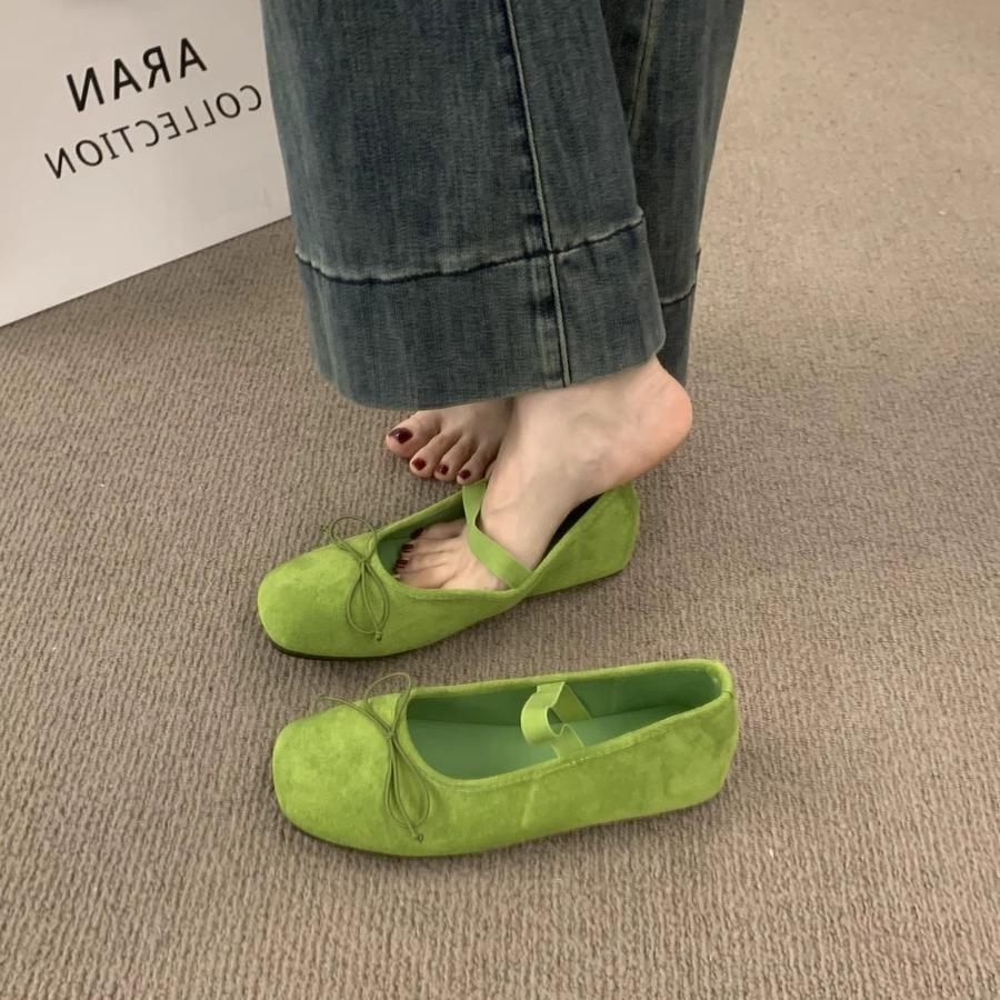 French Flat Bottom Square Head Bow Dopamine Flat Bottom Mary Jane Not Tired Feet Soft Bottom Suede Ballet Single Shoes Women