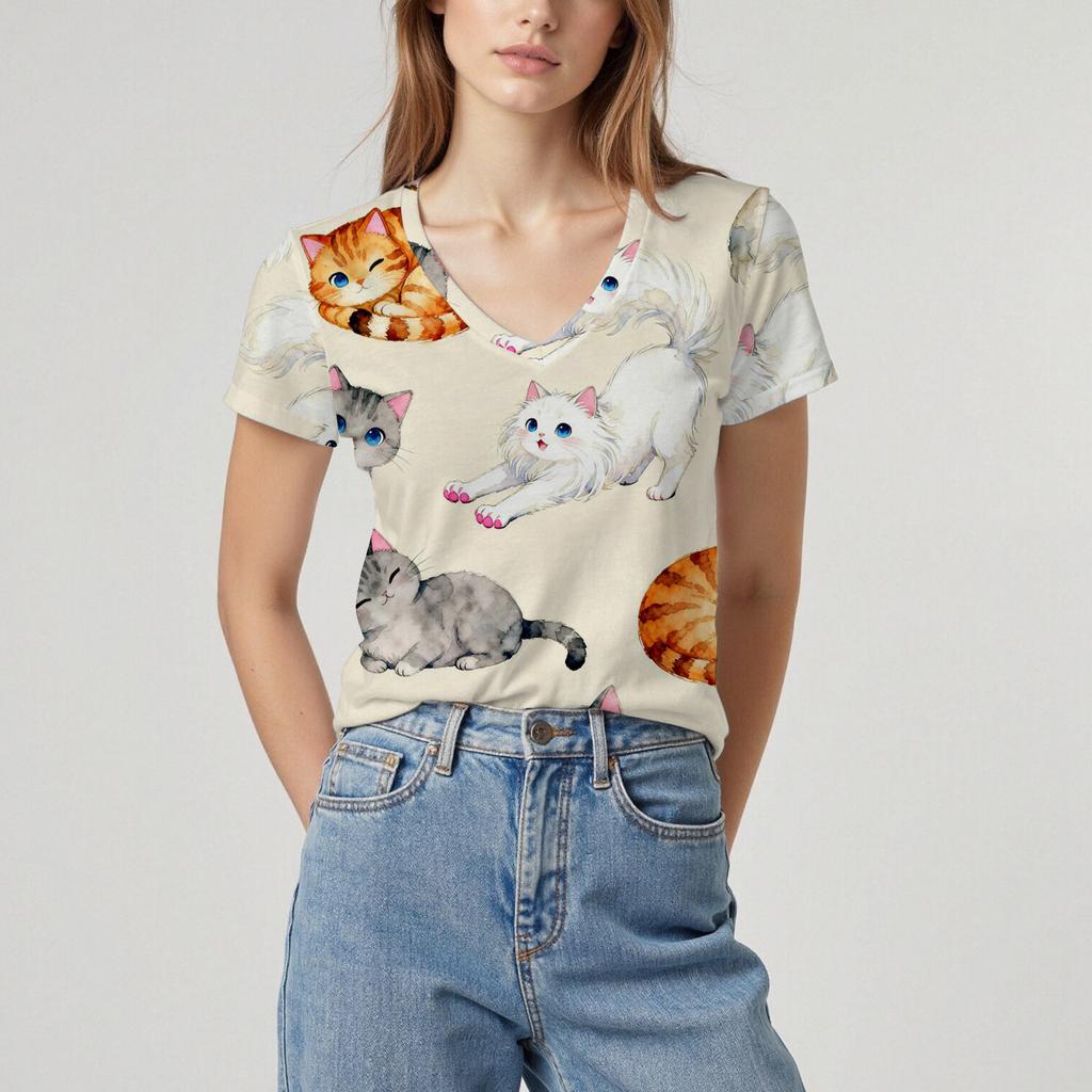 New Summer Women's Pullover Short-sleeved T-shirt V-neck Cat Pattern Top Soft Texture Comfortable Breathable Personality