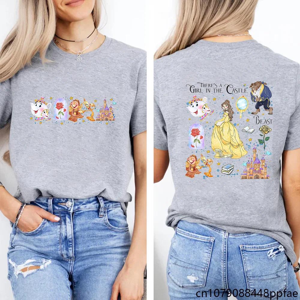 2025 Disney Cute Beauty and The Beast T-Shirt Summer Cartoon Graphic Women Casual Round Neck 100% Pure Cotton Printed T-shirt