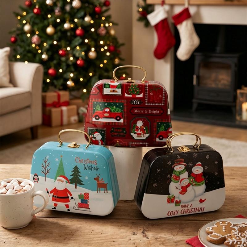 Holiday Gift Tin Box Christmas Metal Treat Container with Handle and Lid Closure for Small Gifts, Dessert Table Use