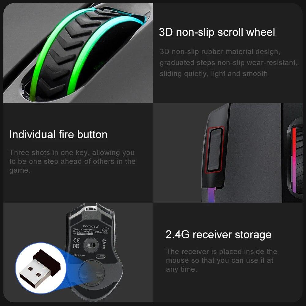 E-YOOSO X-11 RGB USB 2.4G Wireless Gaming Mouse 4000 DPI 9 Buttons Programmable Ergonomic for Gamer Mice Laptop PC Computer
