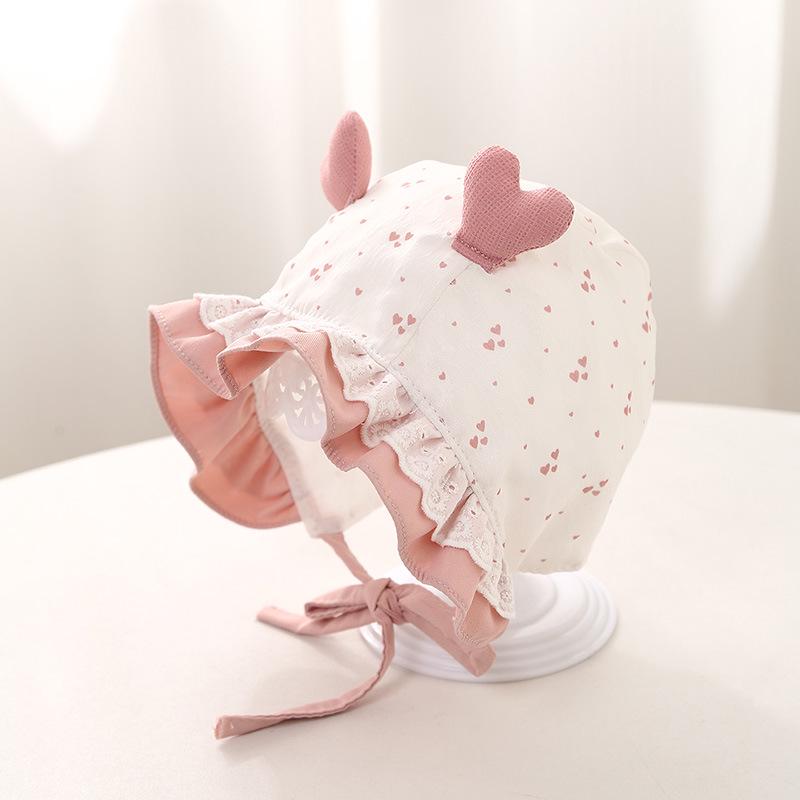 Floral Print Baby Girl Hat with Lace Trim and Ear Protection for Spring/Summer