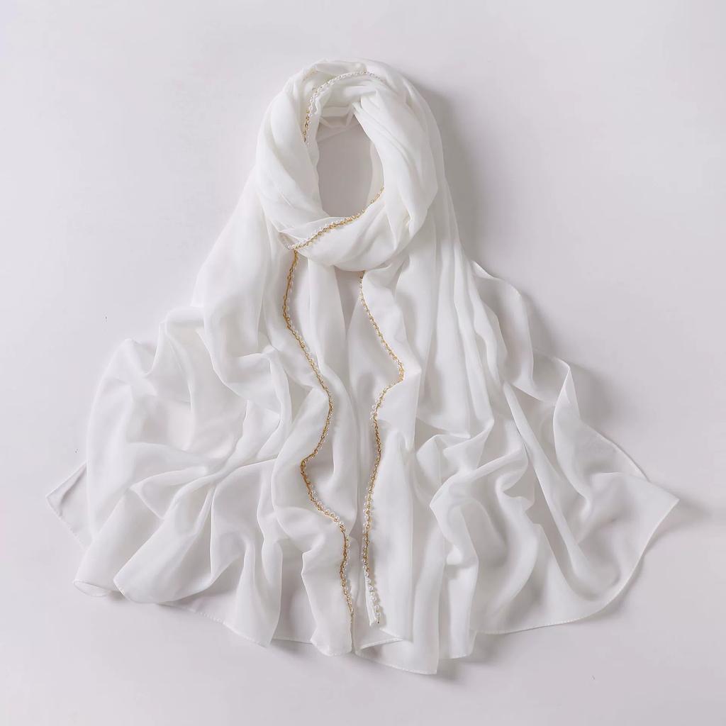 New Pearl Chiffon Hijab Scarf Copper Chain With Black Crystal Pearls Women Muslim Fashion Hijabs For Women Ramadan Turban Femme