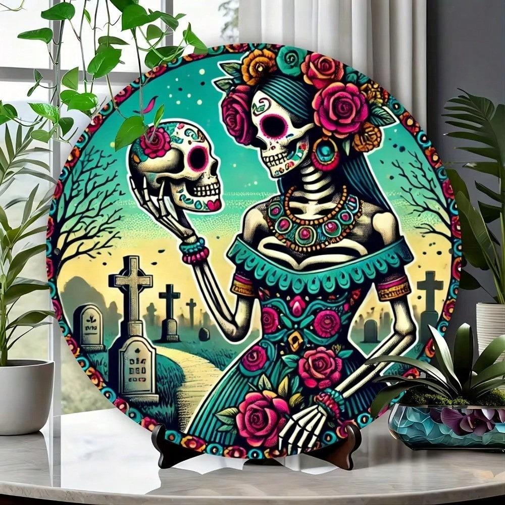 Sugar Skull Metal Wall Decor Round Sign Easy Hang Art Home Kitchen Garden Bedroom
