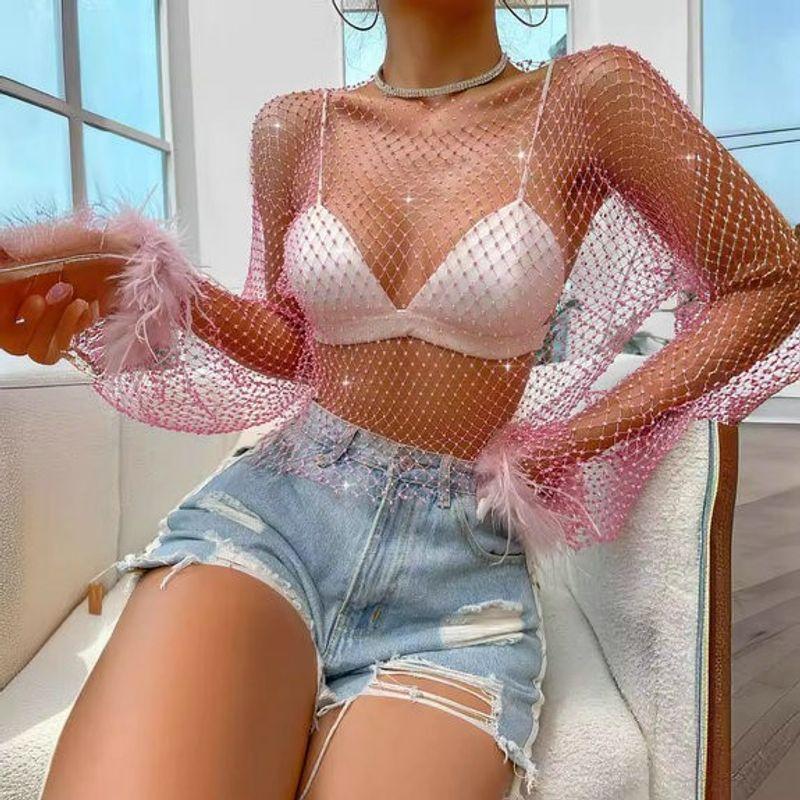 INS Style 2024 European and American Unique and Elegant New Arrival Rhinestone Mesh Cut Out Long Sleeves Women's Solid Color T-shirt Top