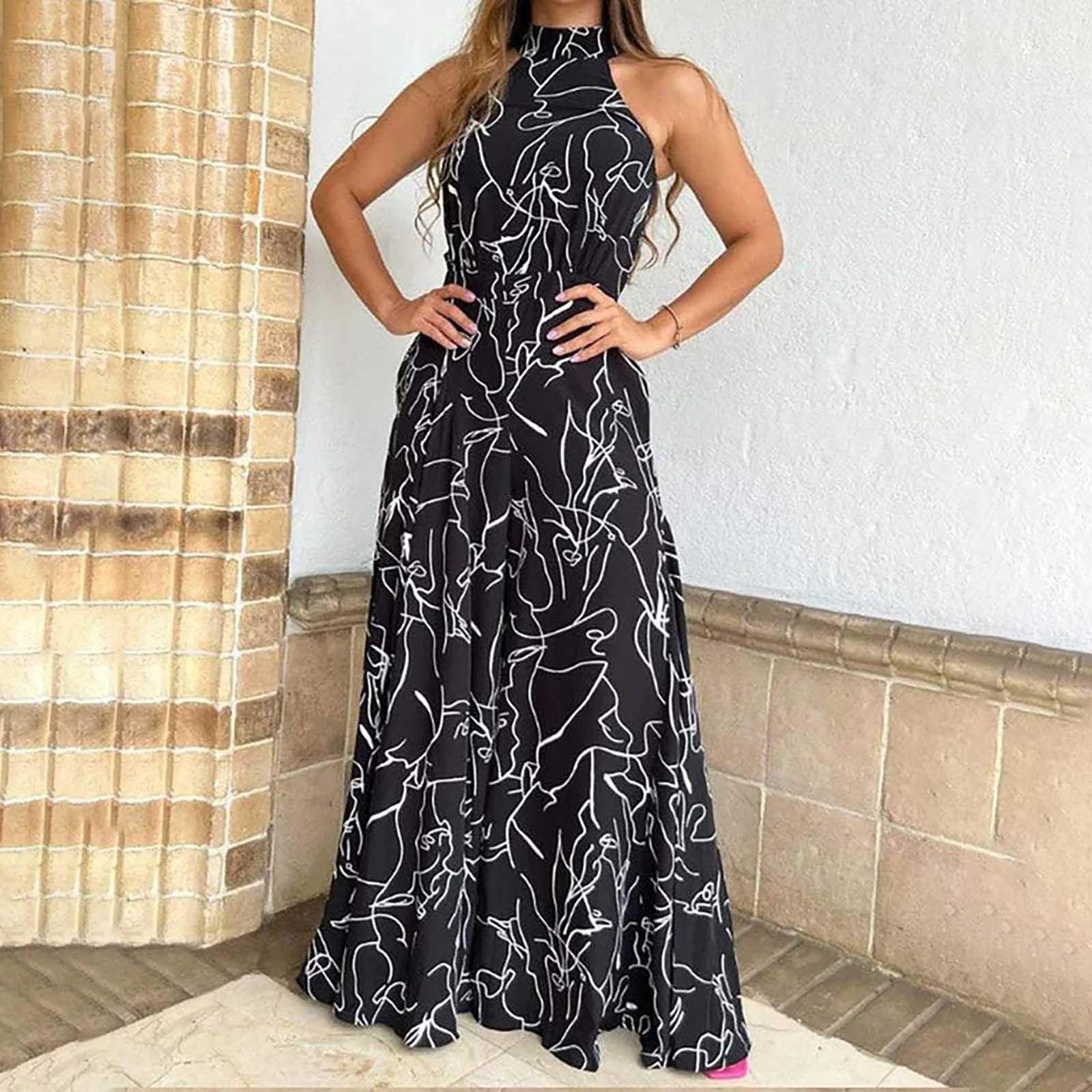 

Женский темпераментный элегантный комбинезон без рукавов с завязками на талии и подвесным воротником с принтом XL