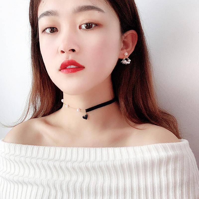 Lovely Black Red Heart Mini Asymmetry Chain Pearl Necklace Women Wedding Jewelry