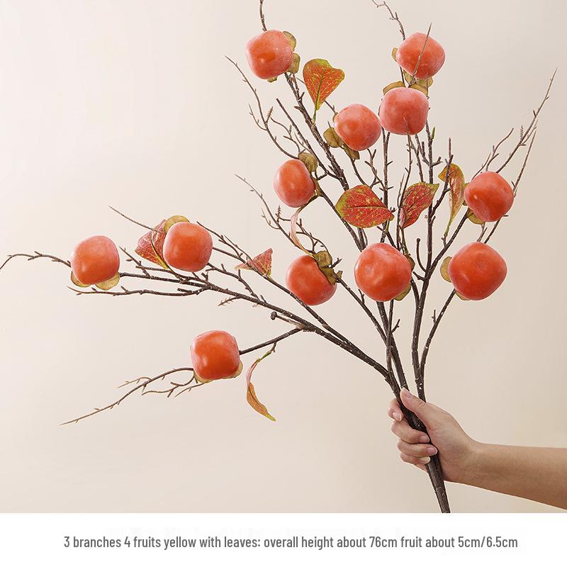 7-Head Persimmon Branch Ikebana Ornament: Artificial Ruyi Persimmon for Living Room or Dried Flower Display