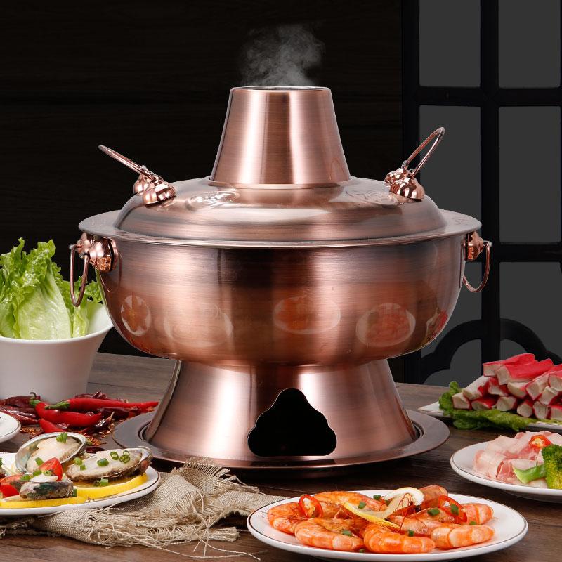 Deluxe Chinesischer Stil Edelstahl Holzkohle Heißtopf 28/32/34/36 Koch Kupfer Thai Shabu Topf