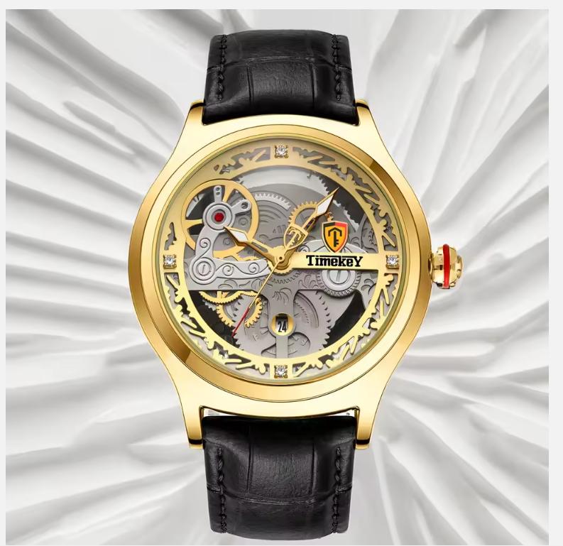 Classic Mechanical Style Stainless Steel Buckle Skeleton Dial Screw Crown Luminous Men's Quartz Watch