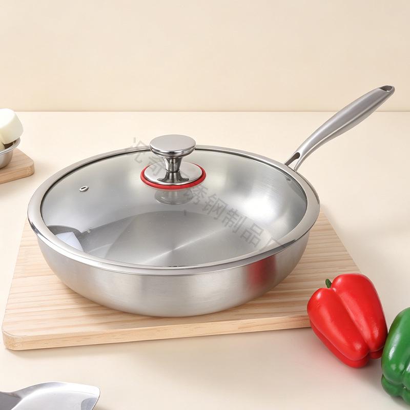 304 Stainless Steel Non-Stick Wok - Flat-Bottomed, No Coating, Low-Smoke, Three-Layer Cookware