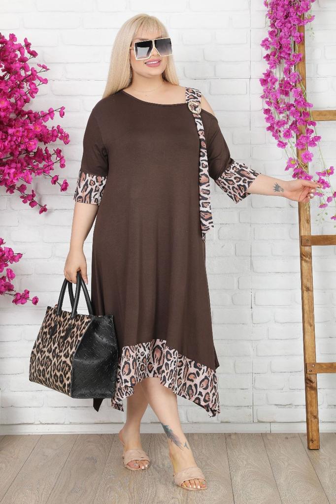 Women's Big Size Dress Asymmetric Cut Shoulder Detailed Buckle Leopard Pattern Viscose Lycra Dress
