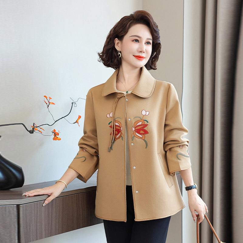 

Женская куртка с отложным воротником и китайской вышивкой Весна/Осень 2025 - Стильный топ для мам среднего и пожилого возраста 4XL (135-145 jin) хаки