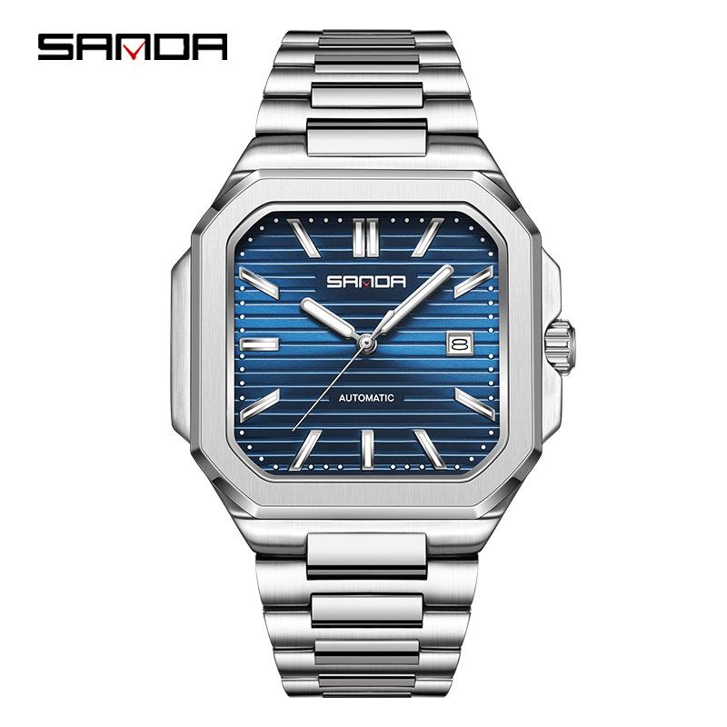 Sanda Herren Quadratische Mechanische Uhr, Schlichtes Design, Kalender, Wasserdicht, Massives Stahlarmband, Business-Stil