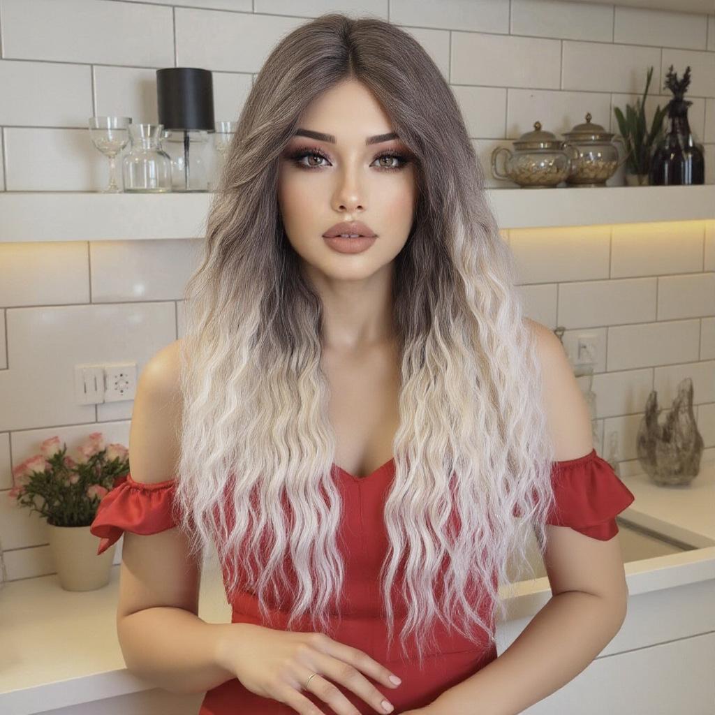 

Женские длинные волнистые пушистые парики с челкой, синтетические, смешанные, блонд-коричневые, для ежедневного косплея, термостойкое волокно золотисто-коричневый