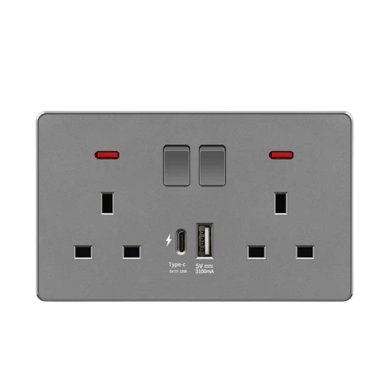 18W Type-C Plug Quick Charging Uk 13A Usb Wall Socket,Electrical Outlet with 3.1A USB C,Universal Dual 5-pin Power Socket Panel