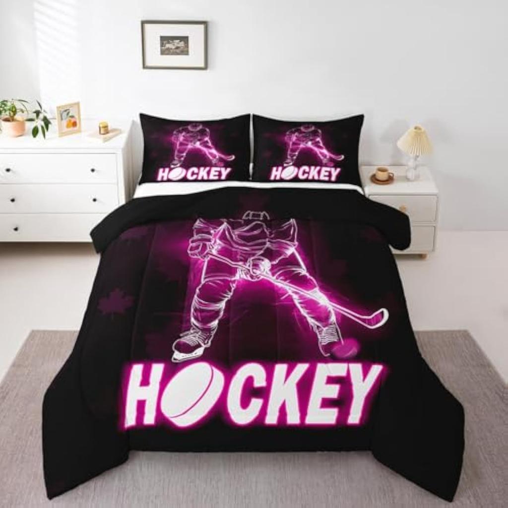 Red Ice Hockey Full Size Bedding Set Neon Green 3D Honeycomb Comforter SetPucks Gifts Sports for Boys Girls Kids Bedroom Decor