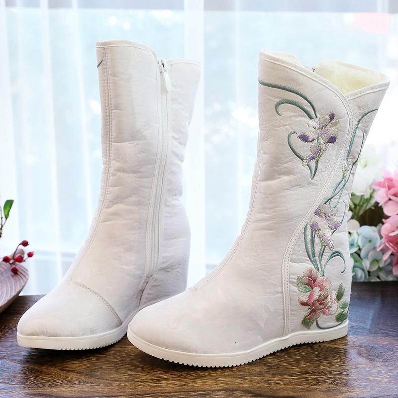 Hanfu Stiefel Damen Innenhöhe Plus Samt Schaft Stickerei Winter Warm Damenstiefel