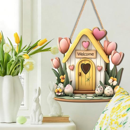 Yousheng Easter Wooden Hanging Sign, House Shape Tulip Flower Welcome Door Sign for Spring, Holiday, Indoor, Outdoor, Home, Porch, Front Door