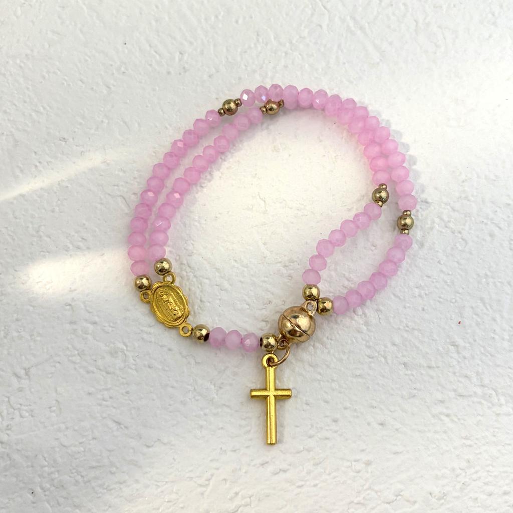 Color Crystal Beaded Cross Pendant Double Ring Bracelet, Simple and Versatile Stacked Bead Jewelry