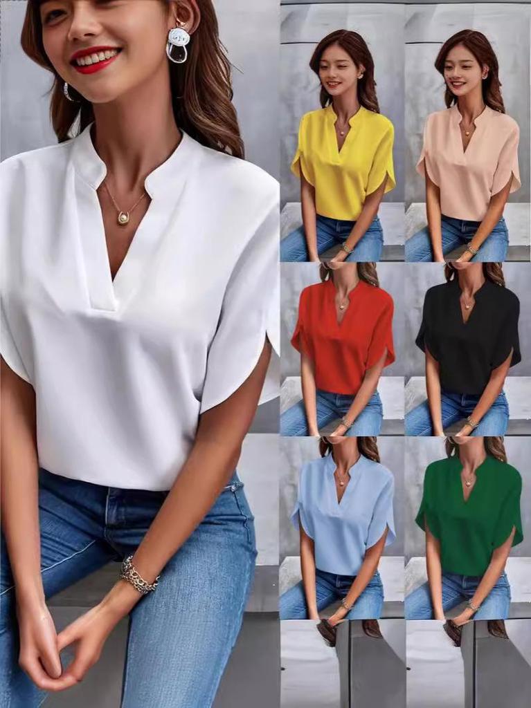 2024 Summer Women's Casual V-Neck Short Sleeve Solid Color Loose Shirt