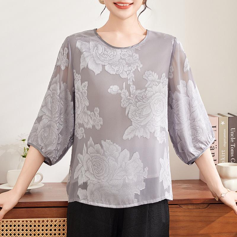 Stylish Round Neck Chiffon Pullover for Moms - Breathable Seven-Sleeve Summer Top for Middle-Aged & Elderly Women