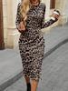 Sukienka w Panterkę Jesień Zima Elegancka Jednoczęściowa Sukienka z Długim Rękawem dla Kobiet