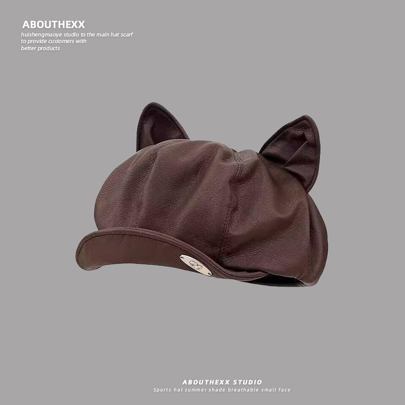 

Новая шляпа из ПУ кожи для женщин, японский ретро берет с милыми кошачьими ушками, осенняя универсальная восьмиугольная шляпа художника M（56-60cm）