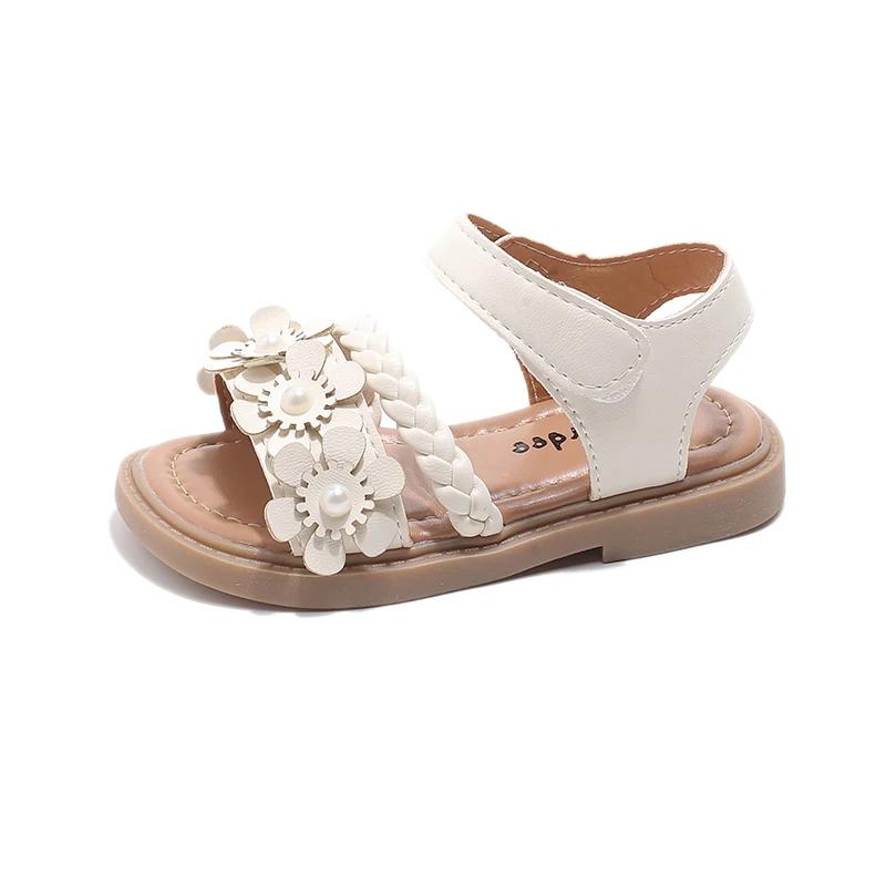 Girls Weave Sandals with Flowers 2025 Brand New Fashion Kids Floral Summer Beach Shoes Open Toes Anti-skid Soft Princess Sweet
