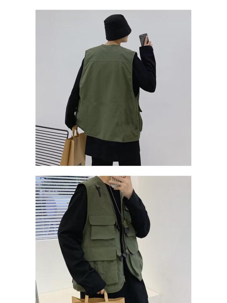 Men's Retro Multi-Pocket Workwear Vest: Spring/Autumn Thin Sleeveless Trendy Gilet