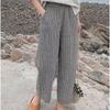 Legere schwarz-weiße karierte Leinen-Hose mit weitem Bein für Damen Elastischer Bund Lockere Cropped-Hose Baumwoll-Leinen Gerade geschnittene Hose