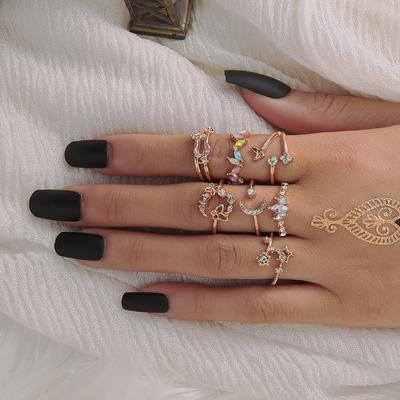 European-American Minimalist Butterfly & Flower Inlaid Diamond Ring Set with Colorful Moon, Star, and Pentagram - 7 Pieces