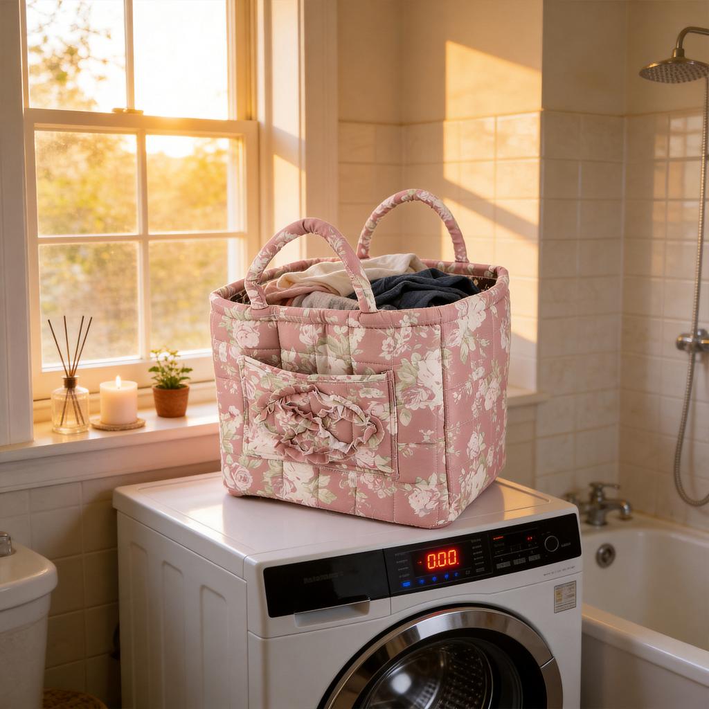 Quilted Laundry Basket with Easy Carry Handles Fabric Storage Basket Quilted Storage Basket for Home Picnic Shopping Travel
