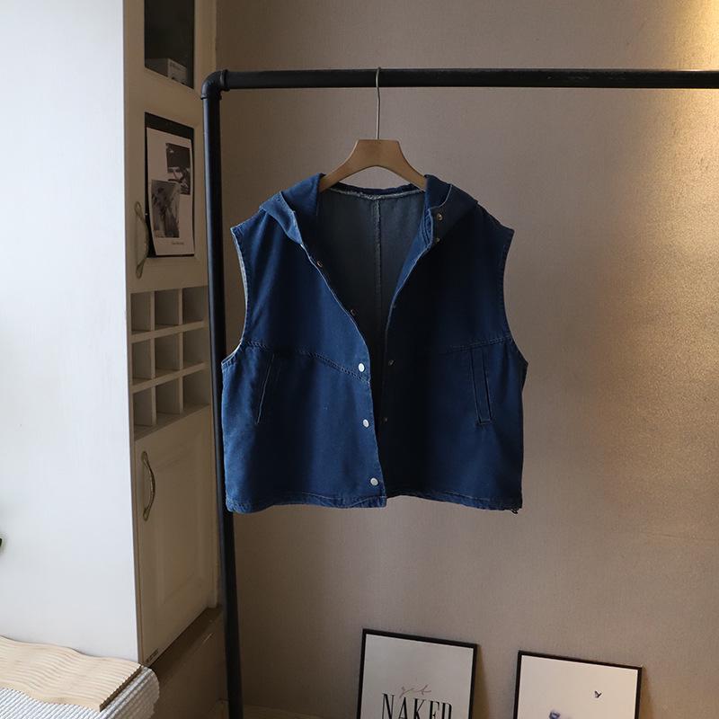 2025 Spring/Summer Women's Korean-Style Loose Casual Hooded Denim Vest Jacket