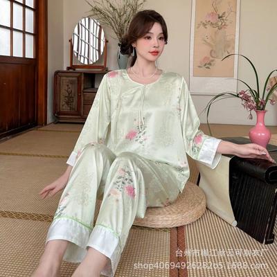Summer Ice Silk Pajamas Women's New Chinese Style Jacquard Set Silk Satin High-end Light Luxury Loungewear