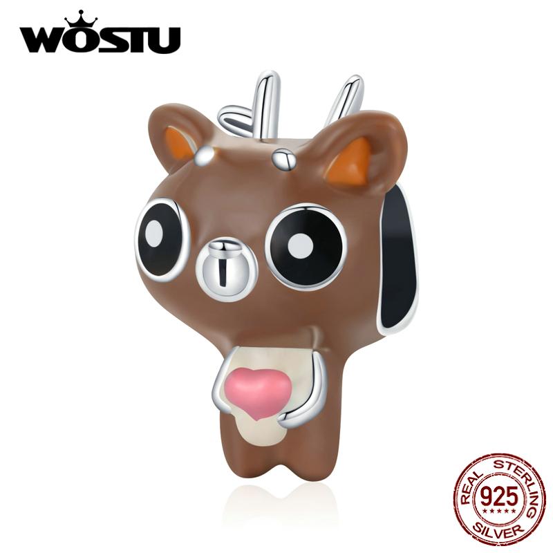 WOSTU Enamel Cartoon Cute Deer 925 Sterling Silver Charm Beads Fit Bracelet Bangle Fine Jewelry