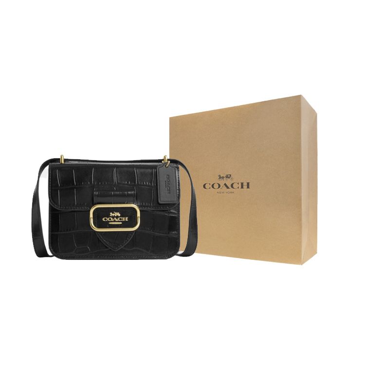 Coach 18 Solid Color Logo Flap Snap Multifunctional Pocket Leather Square Shoulder Crossbody Bag Small Women bags Bright-Black CN313-IMBLK