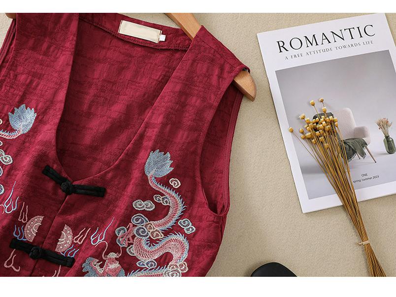 2026 Spring/Summer Retro Ethnic V-neck Embroidered Cotton Linen Sleeveless Vest for Women