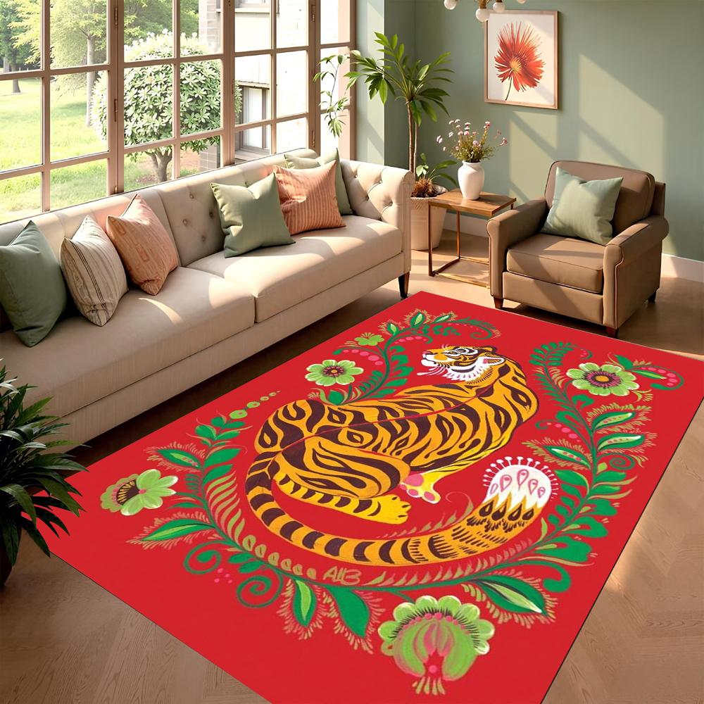 Wohnzimmerteppich Tiger mit Blumen Luxuriöser Kunststil Teppich Rutschfest Leicht zu Reinigen Glücksbringende Künstlerische Heimdeko Matte